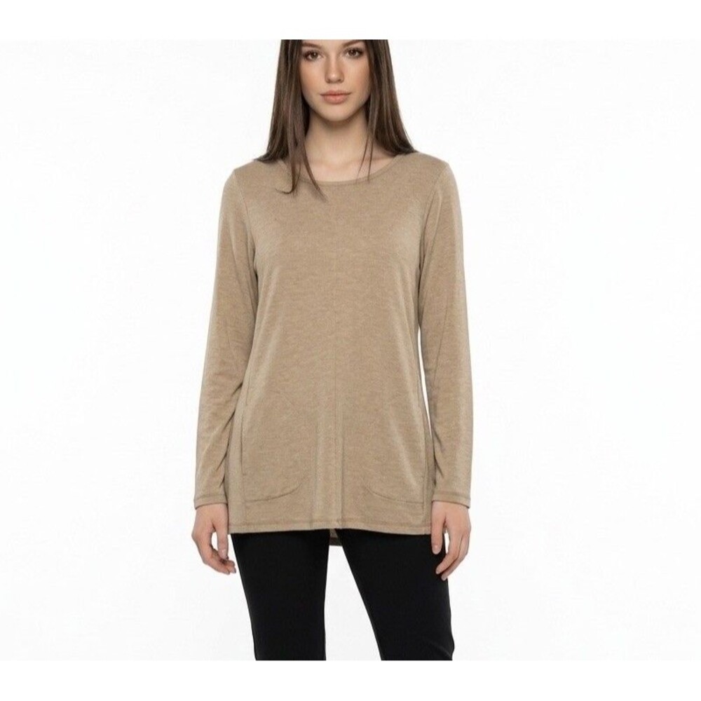 Susan Graver Weekend Beige Long Sleeve Sweater  Pocket Poly Knit Top Large